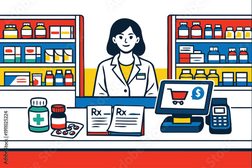 pharmacy counter: pharmacist and medicine display