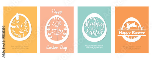Set of Easter cards with paper eggs and flowers. Perfect for Easter cards, invitations, and posters.