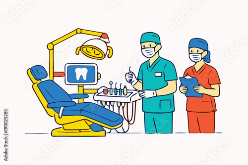 dental clinic: dentist and assistant prepare for patient's exam