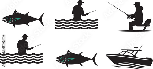 This collection features six black and white silhouettes of fishing related activities and marine elements