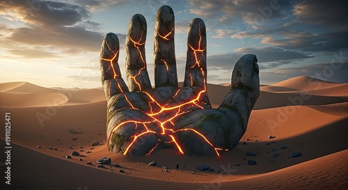 Monumental stone hand with fiery cracks in vast desert sands under dramatic sky
