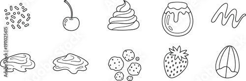 Delicious Dessert Toppings Hand Drawn Line Art Icons Set for Food Design Projects