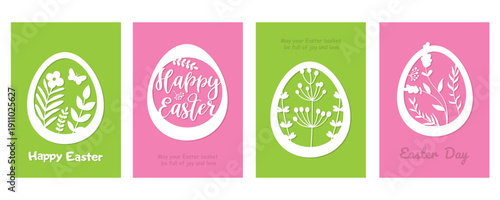 Set of Easter cards with paper eggs and flowers. Perfect for Easter cards, invitations, and posters.