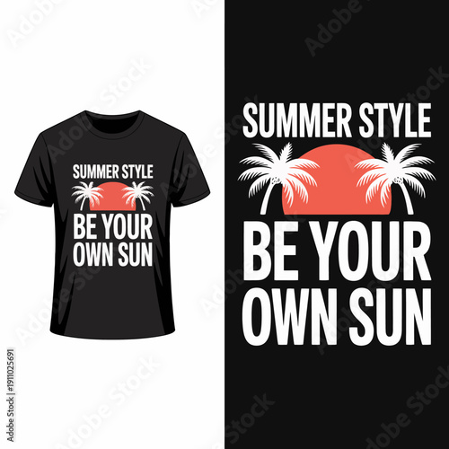 Black tshirt with summer style be your own sun text and palm trees design
