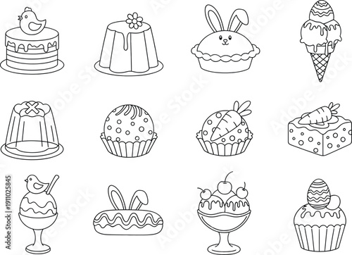 Cute Easter and Spring Desserts Outline Collection for Coloring Book Activities