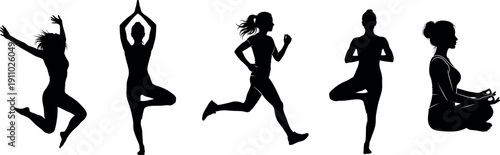 Silhouette of women in various yoga and fitness poses