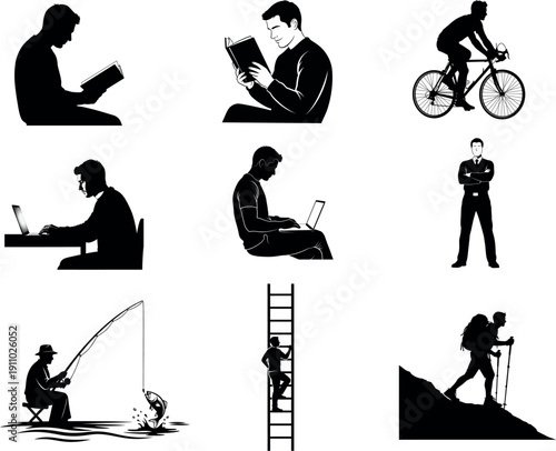 Silhouette of a man in various activities reading cycling fishing climbing