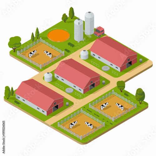 Isometric illustration of farm with barns and cow enclosures and silos  farm land