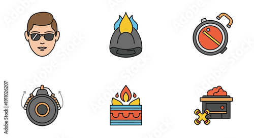 Collection of six icons representing safety gear and fire related equipment in outline style