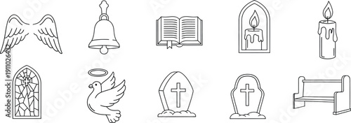Set of religious and spiritual icons black white line art vector illustration symbols