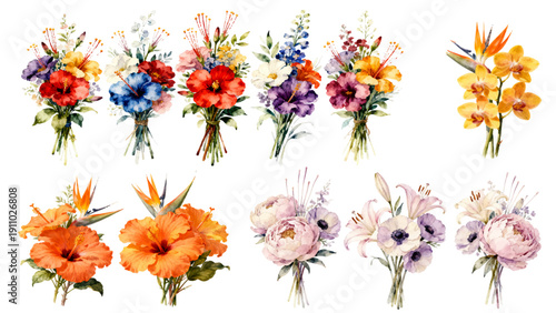 Colorful flowers bouquet illustration design for wedding card invitation print featuring peonies orchids and tulips in elegant botanical style.