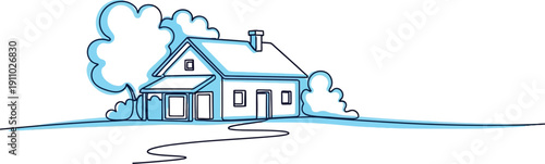A Simple House with a Blue Outline and a Cloud