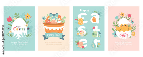 A set of Easter cards with eggs and flowers. Perfect for Easter cards, invitations, and posters.