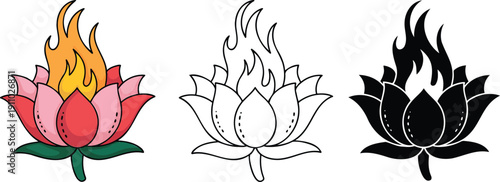 Lotus flower with a flame silhouette & Outline and illustration set isolated on transparent background