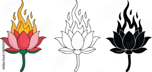 Lotus flower with a flame silhouette & Outline and illustration set isolated on transparent background