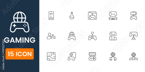 gaming icons collection, esports controller and online play symbols, streaming headset console vector UI icon pack for gamers