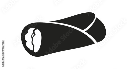 A simple black and white illustration depicts a wrapped burrito with visible filling showcasing its cylindrical form high quality professional