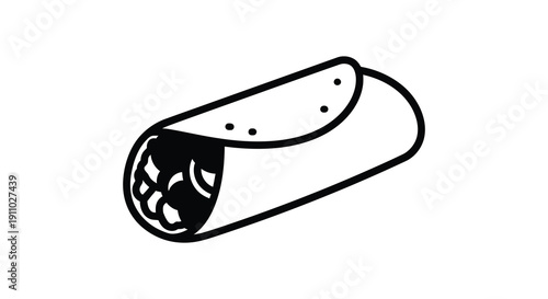 A simple black and white line drawing depicts a wrapped burrito with visible filling showcasing a common snack high quality