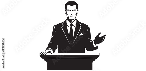 Confident professional speaker vector man in suit at podium Powerful speech leadership business communication politics