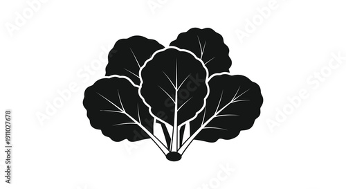A stark black and white illustration depicts a cluster of leafy greens resembling kale or collard greens