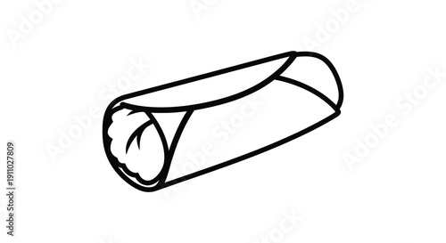 A simple black and white line drawing depicts a wrapped burrito or tortilla showcasing its cylindrical shape