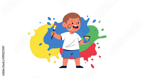Joyful Child Painter With Colorful Splashes Abstract Art Creation