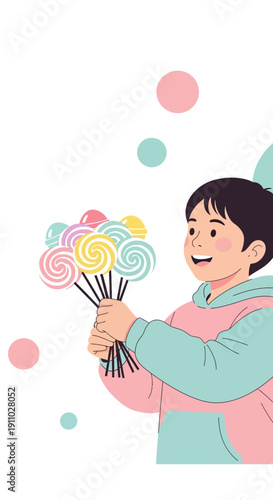 Joyful Child With Bright Lollipop Bouquet Sweet Delights Illustration