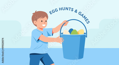 Joyful Child With Egg Bucket Celebrates Easter Egg Hunts