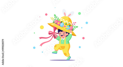 Joyful Child With Festive Easter Hat And Bunny Ears Dancing Happily