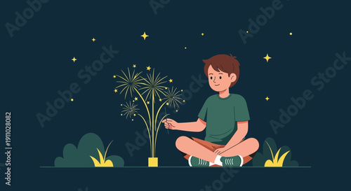 Joyful Child With Sparklers Under Starry Night Sky Celebration