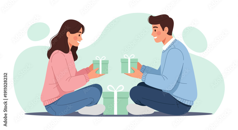 Fototapeta premium Joyful Exchange Of Gifts Between A Young Couple In A Cozy Setting