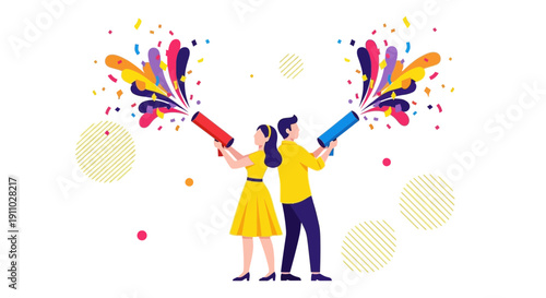 Joyful Couple Celebrates With Confetti Poppers And Colorful Bursts