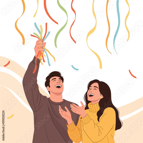 Joyful Couple Celebrates With Confetti Shower of Happiness and Excitement