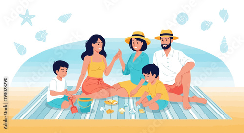 Joyful Family Beach Day Fun Gathering Shells with Children Playing