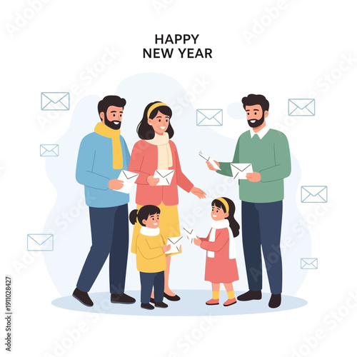 Joyful Family Distributing Festive Mail Celebrating New Beginnings And Warm Wishes