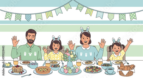 Joyful Family Easter Celebration Feast With Bunny Ears Decorations And Festive Meal