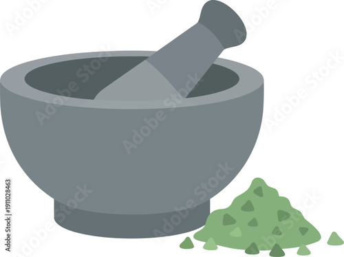 Illustration of Mortar and Pestle with Green Herb
