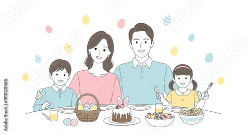 Joyful Family Easter Gathering Sharing Festive Meal And Decorated Eggs