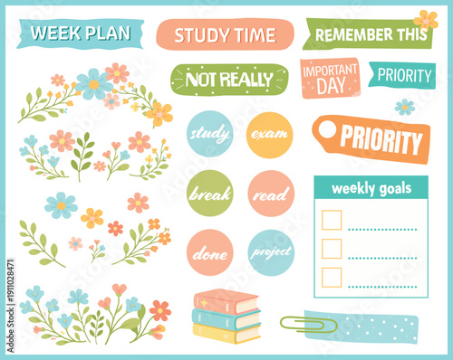 Cute Pastel Floral Planner Stickers Set – Weekly & Daily Digital Bullet Journal Vector. Pastel Bloom in Green, Pink and Light Blue for Digital Bullet Journal and School Diary.