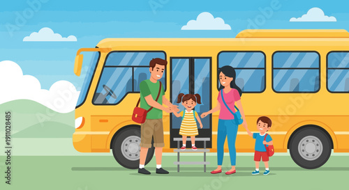 Joyful Family Embarking On A Yellow Bus Adventure
