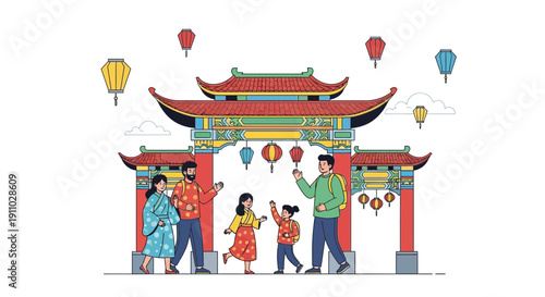 Joyful Family Exploring Traditional Asian Architecture And Lanterns