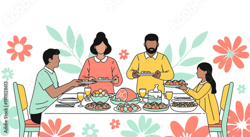 Joyful Family Gathering Around a Festive Holiday Feast Table Setting
