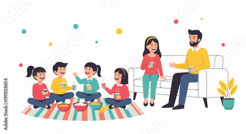 Joyful Family Gathering For Snacks And Drinks Inside A Cheerful Home