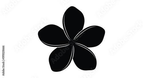 A simple stark black silhouette depicts a five petaled flower likely a plumeria against a white background high quality