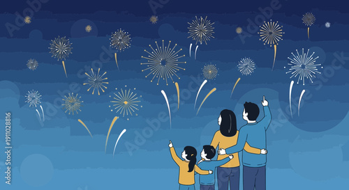 Joyful Family Observing Spectacular Fireworks Display In Night Sky