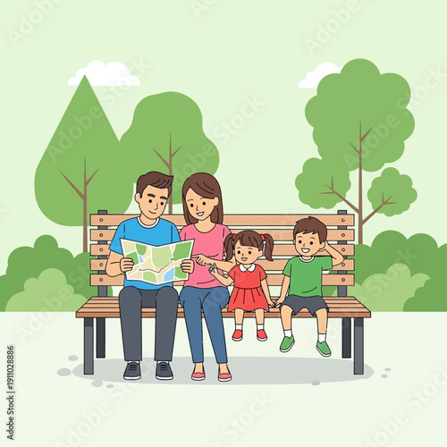 Joyful Family Planning Adventure Outdoors On Park Bench Together