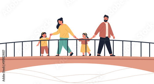 Joyful Family Strolls Across a Bridge Connecting Future Journeys Together