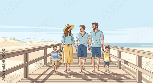 Joyful Family Strolls Along A Sunny Boardwalk By The Ocean Dunes