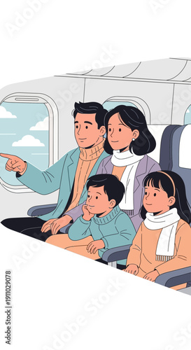 Joyful Family Travel Adventure Aboard An Airplane With Kids Pointing Out The Window
