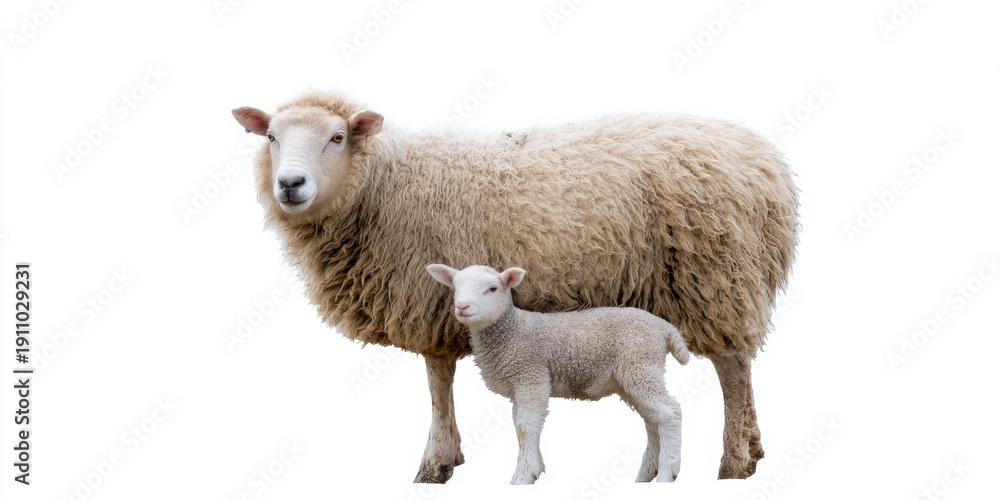 Naklejka premium Sheep and lamb standing together - fluffy wool and nurturing pose on white background